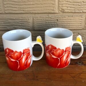 2 White Porcelain Large Coffee Mugs Orange Flower Design & Butterfly on Handle
